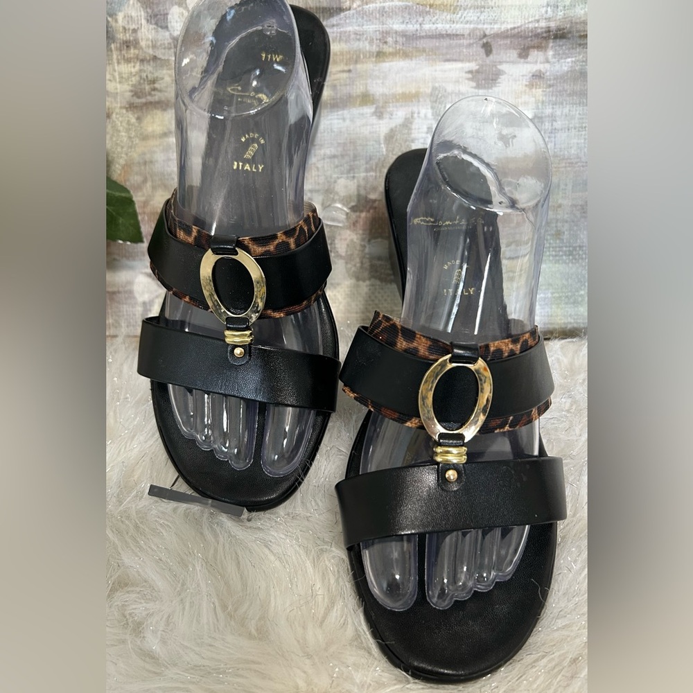 Black Leopard Trim Slide Sandals with Gold Accent